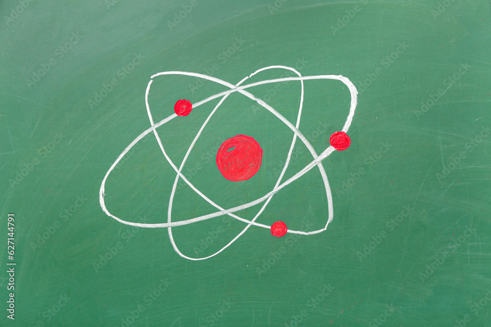 Drawn atom on green chalkboard