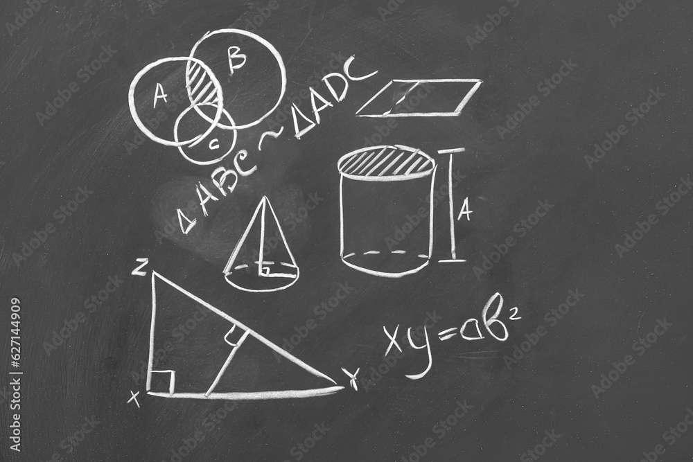 Different drawn geometric figures and math formulas on black chalkboard