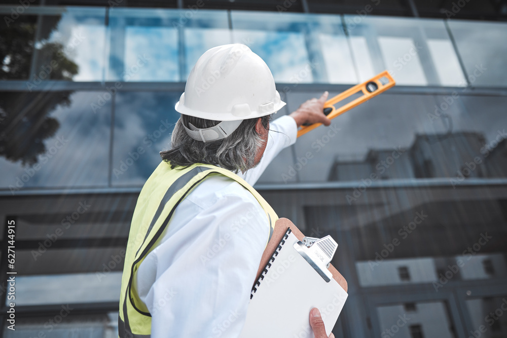 Engineering, checklist and man with tools at construction site inspection, urban development or city