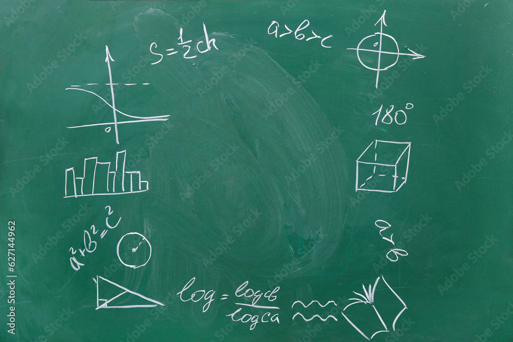 Frame made of different drawn geometric figures and math formulas on green chalkboard