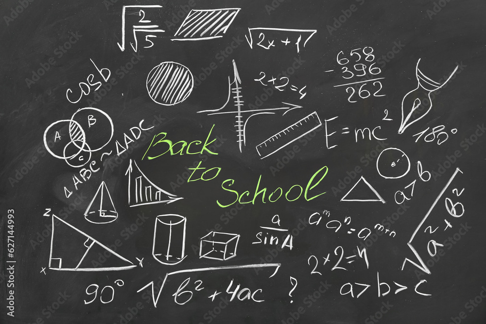 Different drawn geometric figures, math formulas and text BACK TO SCHOOL on black chalkboard