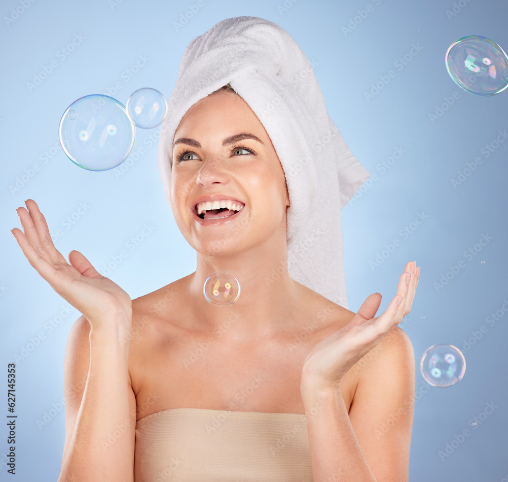 Happy, studio face and woman with bubbles for skincare, body cleaning bath or morning hygiene wash. 