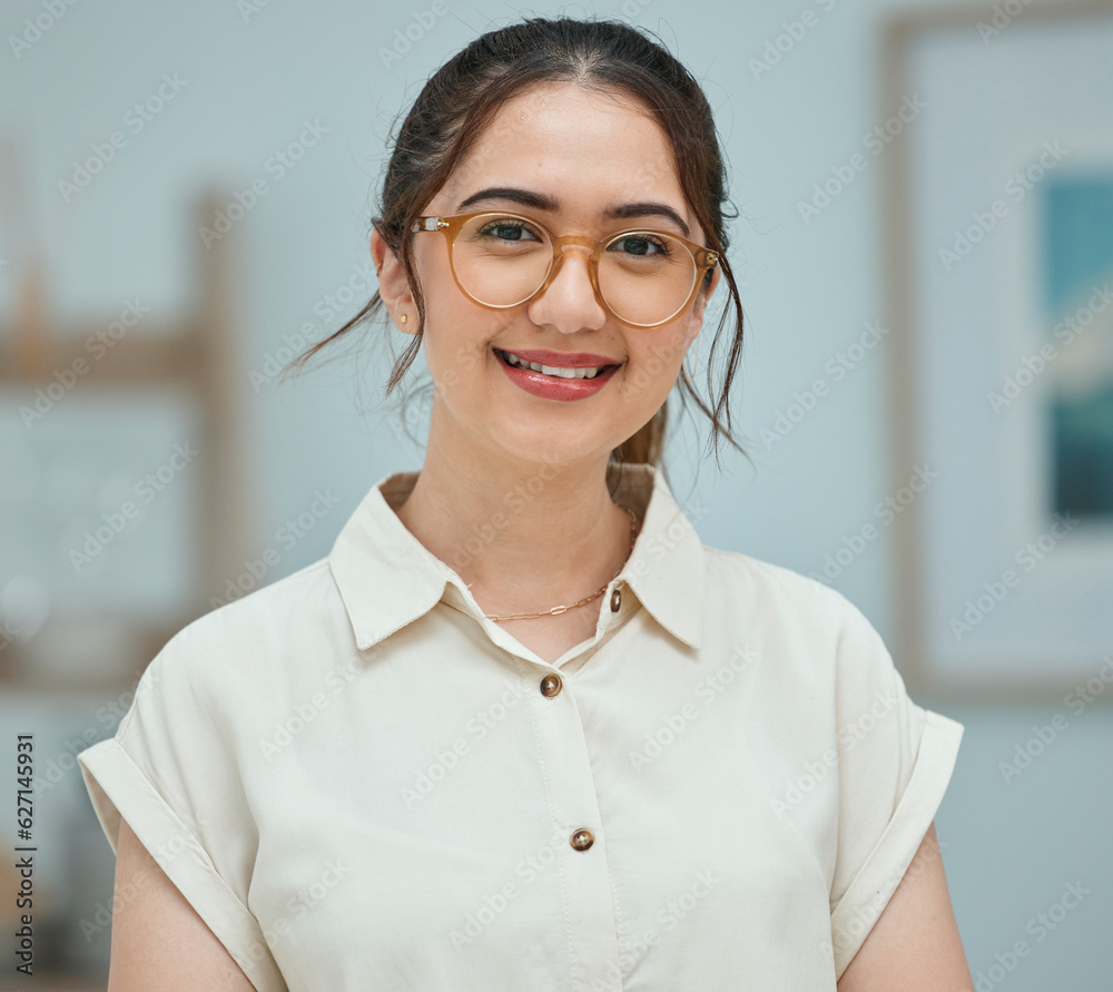 Latino woman, portrait and smile in office with glasses, ambition and clothes for career in finance 