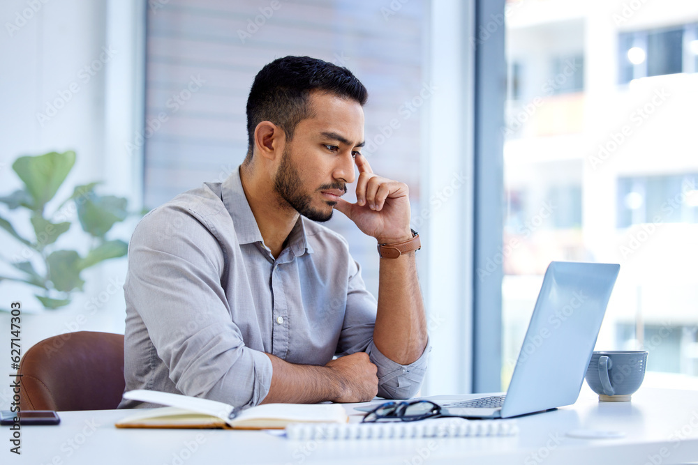 Technology, businessman with laptop and at his desk in office at workplace with a lens flare. Connec