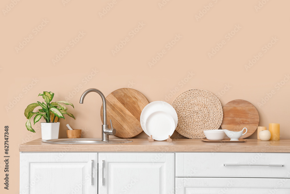 Kitchen counters with sink, clean dishes, cutting boards and houseplant