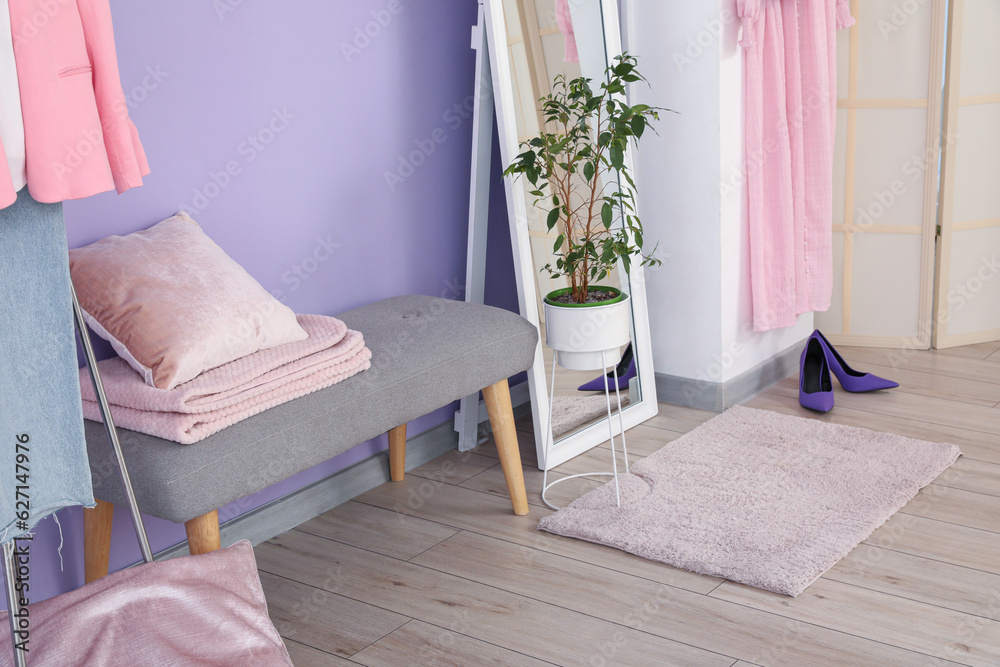 Grey bench and houseplant in interior of hallway