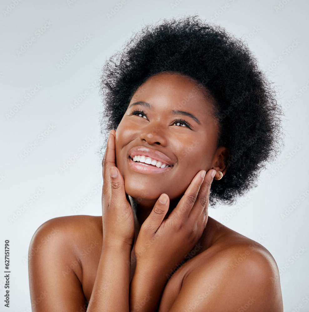 Smile, natural hair and skincare with black woman or cosmetic on white background for wellness in st