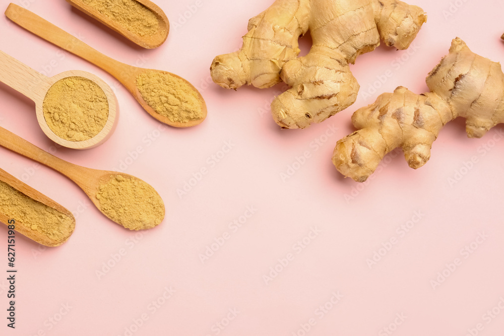 Fresh ginger roots, wooden spoons and scoops with dried powder on pink background