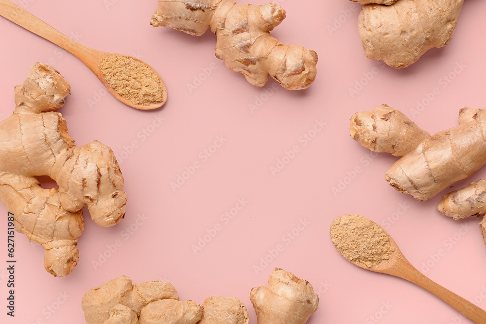 Fresh ginger roots and wooden spoons with dried powder on pink background