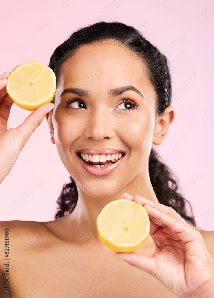 Skincare, lemon and woman thinking of beauty, cosmetics and natural product or vitamin c benefits. H