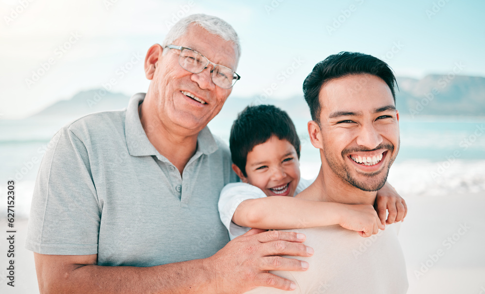 Grandfather, dad or portrait of child at beach with a happy family for holiday vacation or weekend t