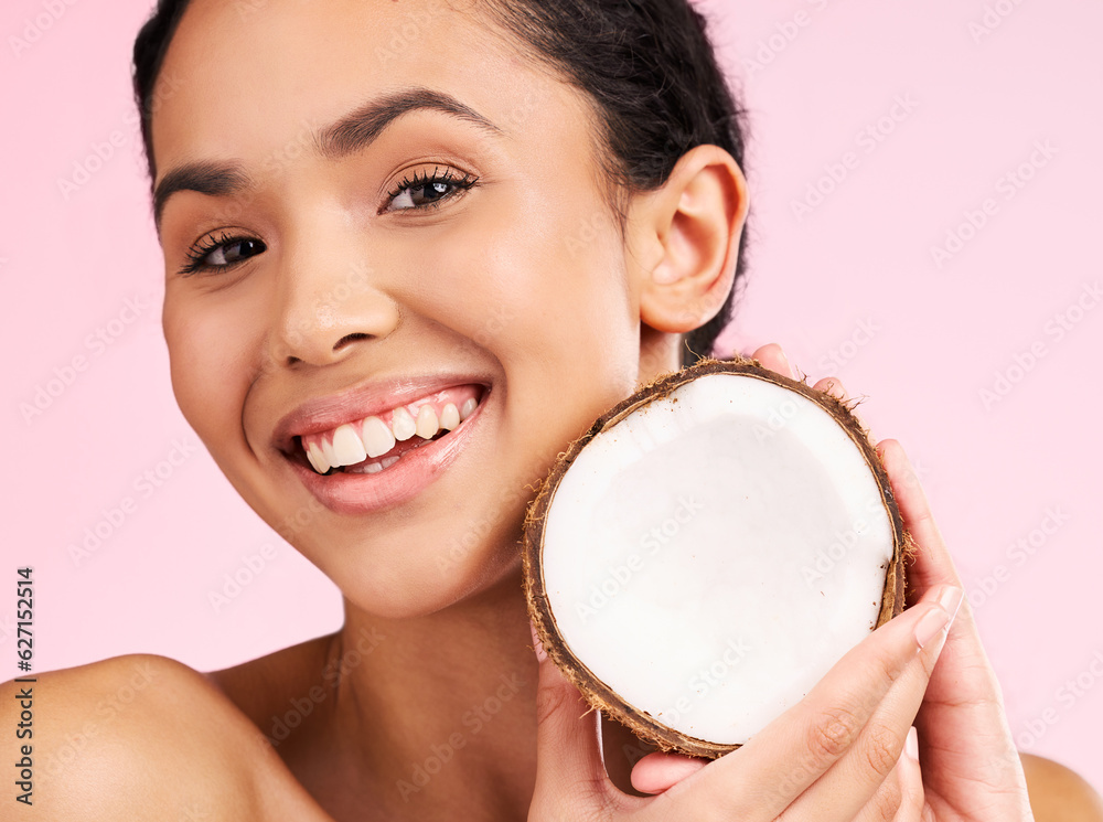 Woman face, coconut fruit and beauty, healthy skincare or vegan cream on pink studio background. Por