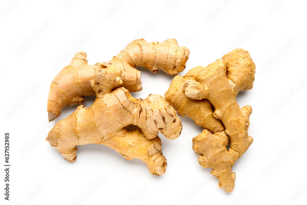 Fresh ginger roots on white background