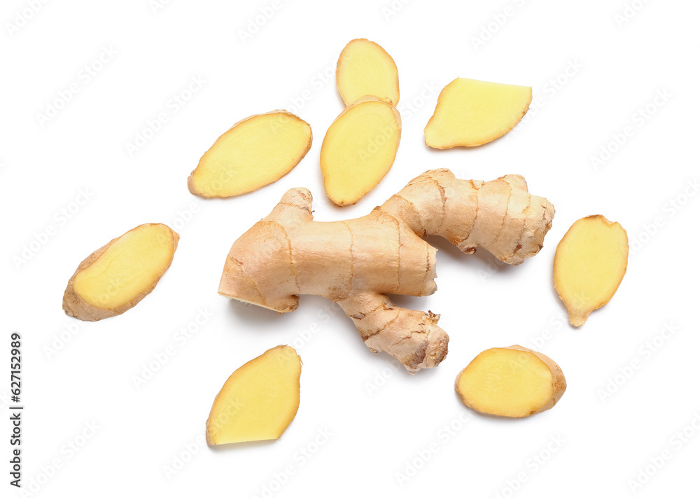 Fresh ginger root on white background