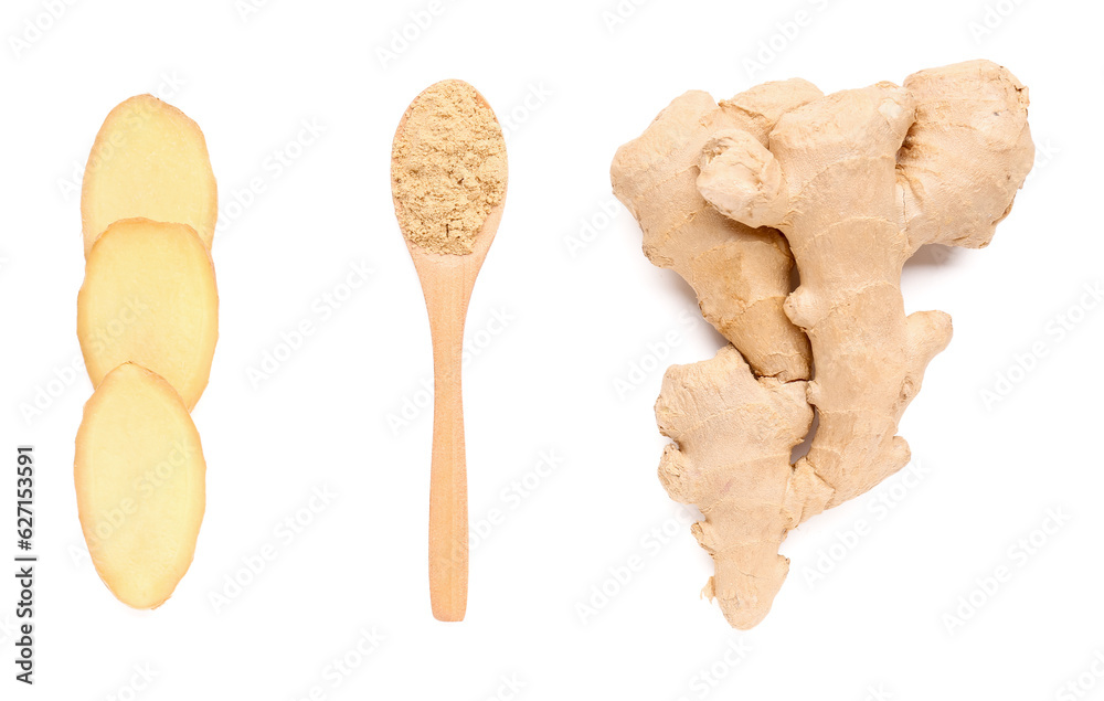 Fresh ginger root and wooden spoon with dried powder on white background