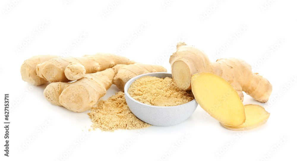 Fresh ginger roots and bowl with dried powder on white background