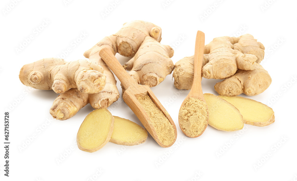 Fresh ginger roots with wooden spoon and scoop of dried powder on white background