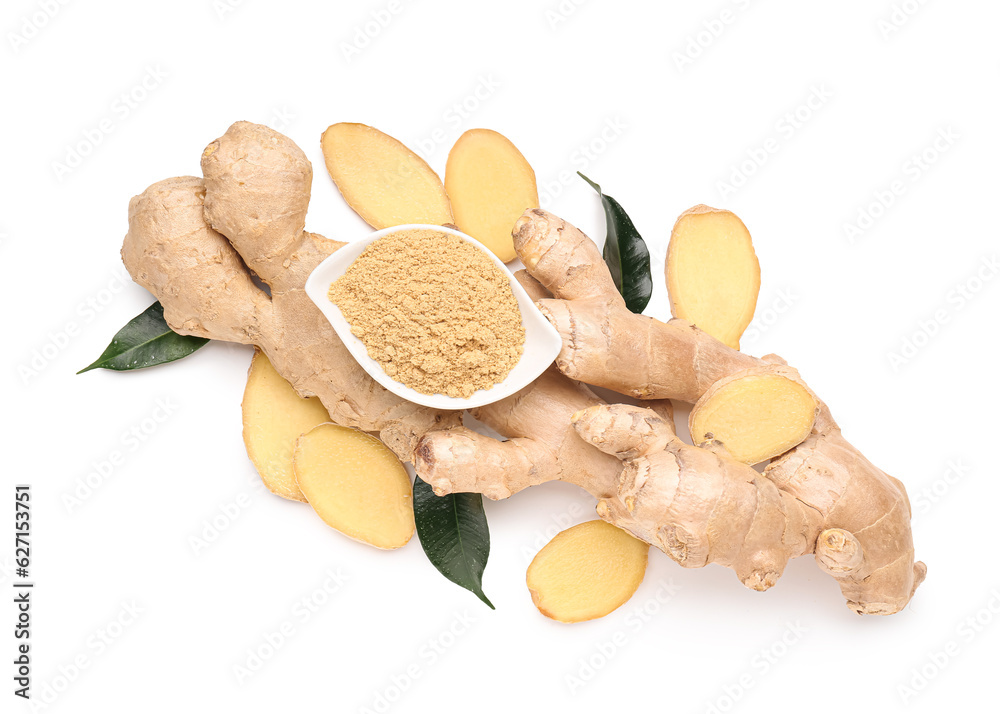 Fresh ginger roots and bowl with dried powder on white background