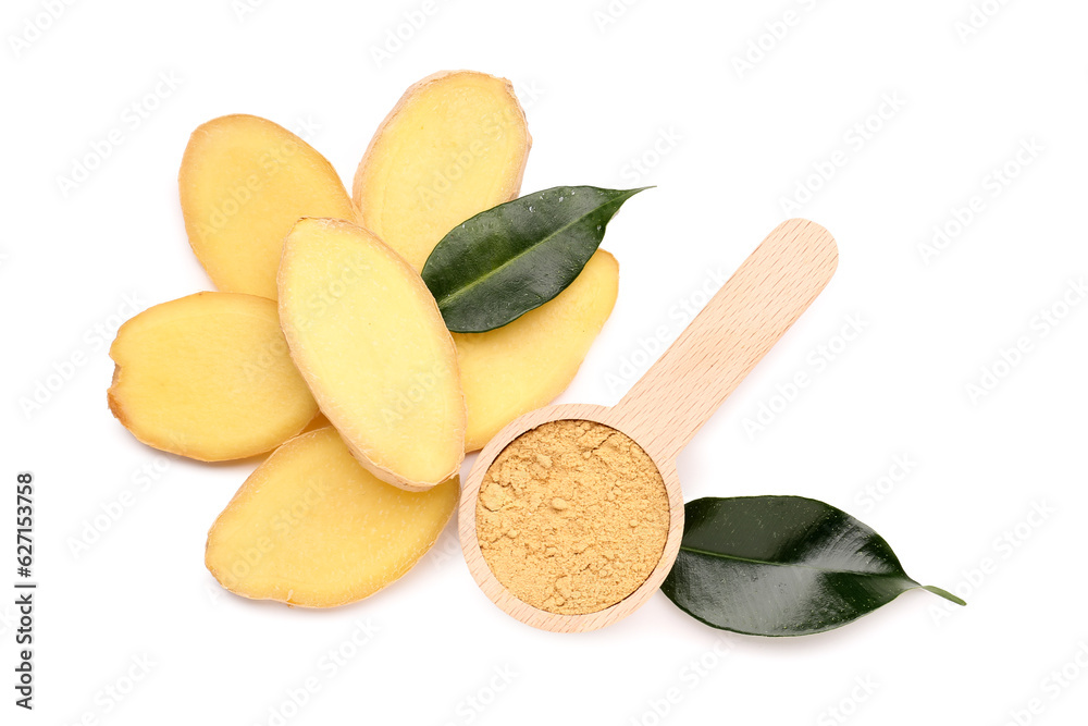 Slices of fresh ginger root and wooden spoon with dried powder on white background