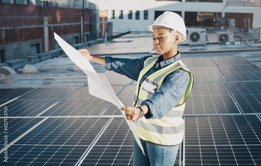 Female engineer, solar panel blueprint or outdoor on roof for power, sustainability plan and energy 