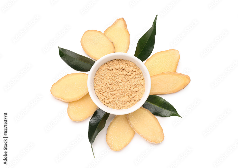 Slices of fresh ginger root and bowl with dried powder on white background