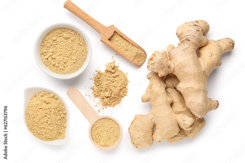 Fresh ginger roots with bowls and wooden spoon of dried powder on white background