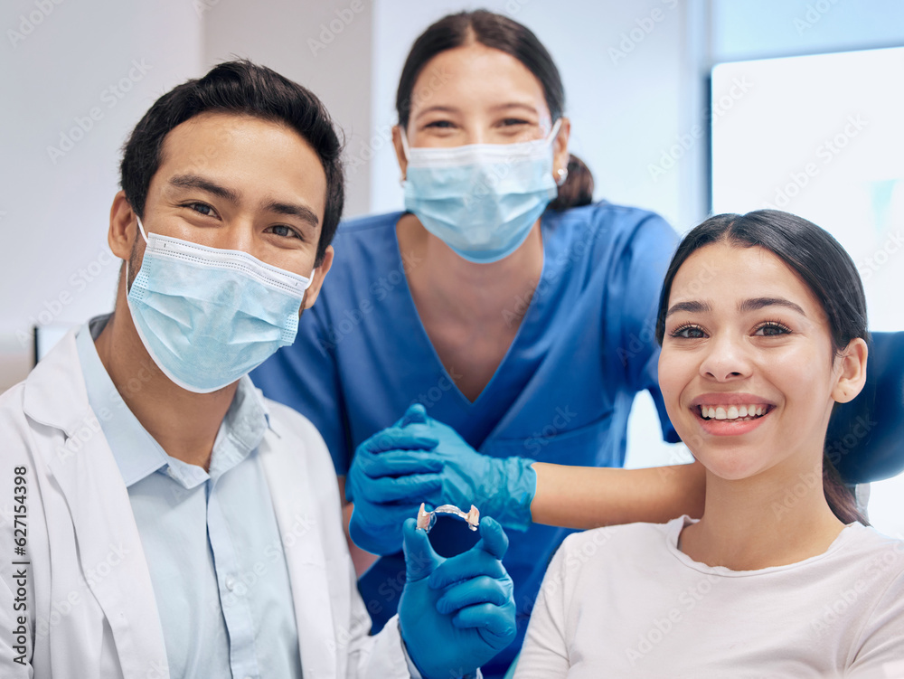 Portrait of dentist and woman with retainer for teeth whitening, service and dental care. Healthcare