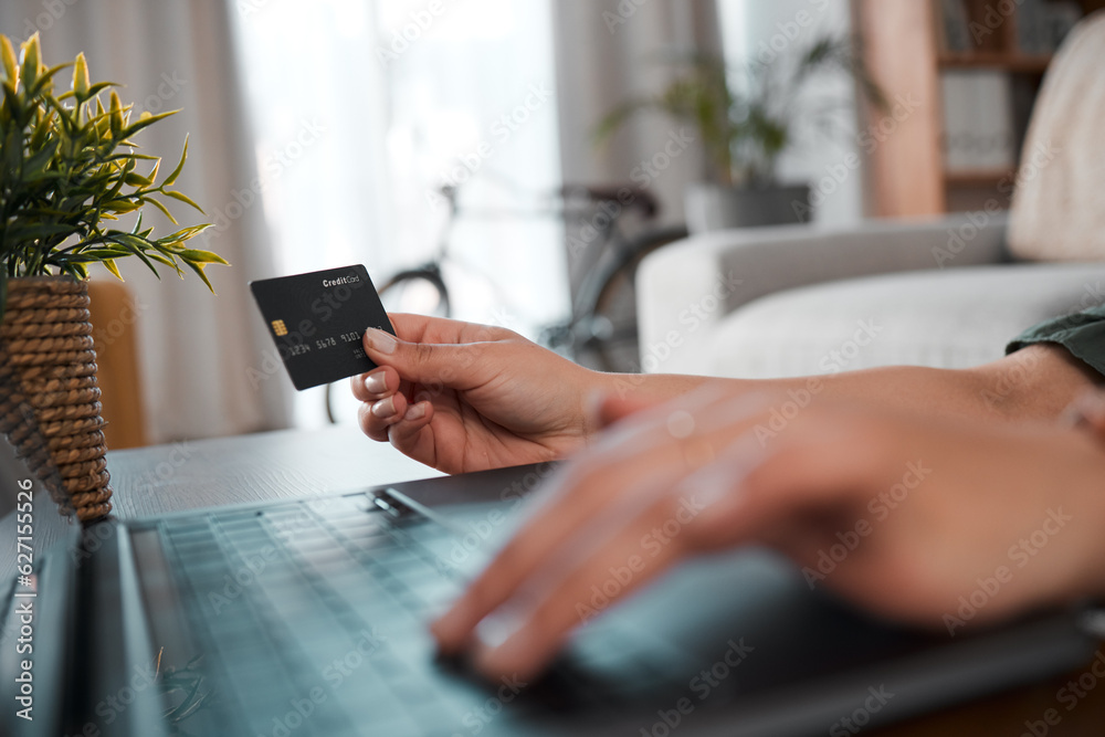 Hand, laptop and credit card for payment with a customer on the internet from home. Computer, ecomme