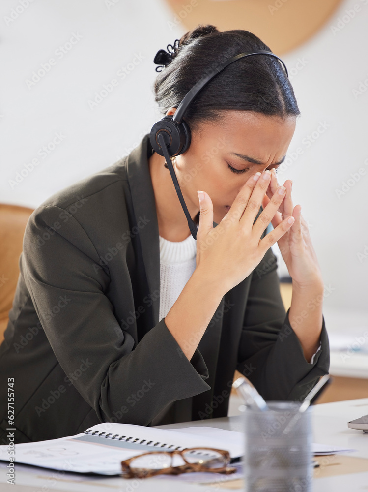 Call center, business and woman with a headache, burnout and customer service with health problem, o