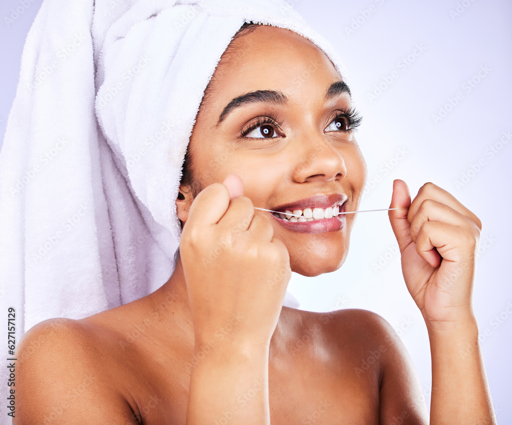 Tooth, oral care and woman with dental floss in studio for fresh breath, wellness or beauty routine 