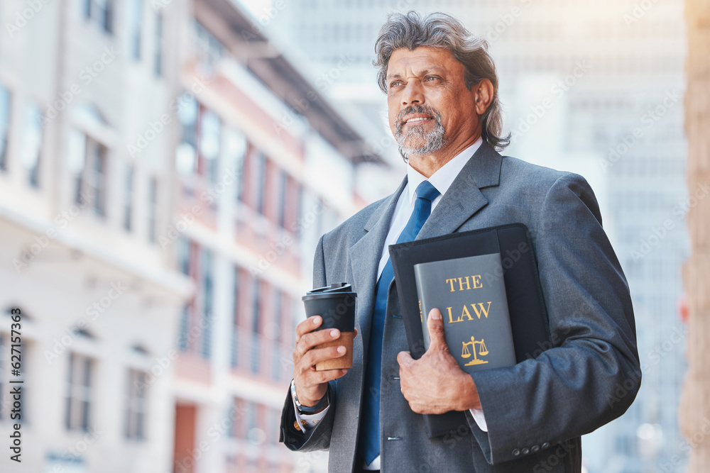 Lawyer, man with a book and thinking in the city with idea on law, policy or research with legal boo