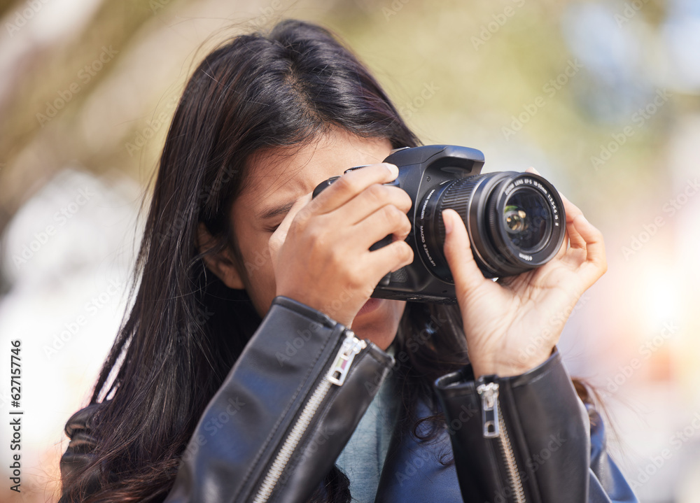 Nature, photography and woman in park with camera, trees, art and creative influencer with inspirati