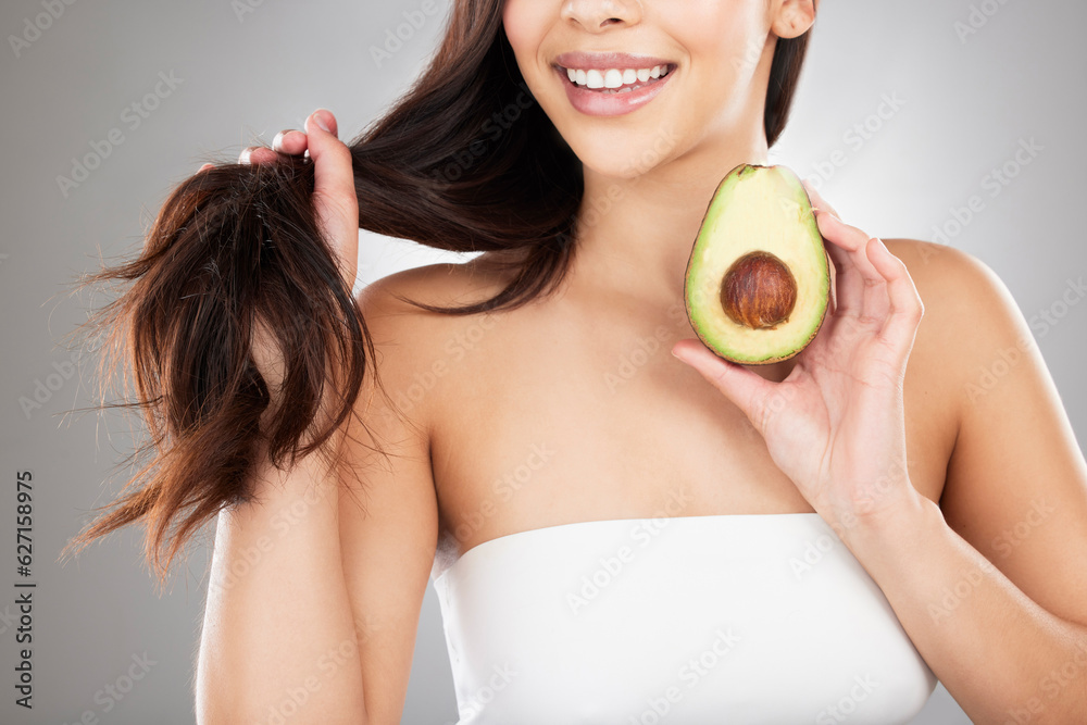 Hair care, beauty and woman with an avocado in a studio for a natural, organic or cosmetic mask. Sel