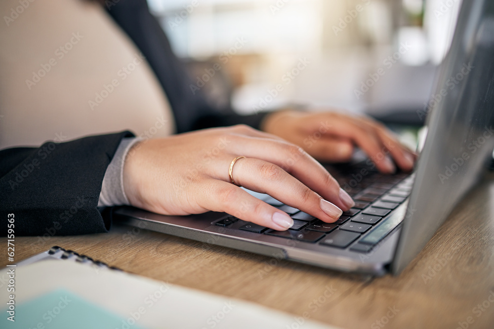 Closeup, hands and typing on a laptop at a desk for secretary work, email check or connection. Offic