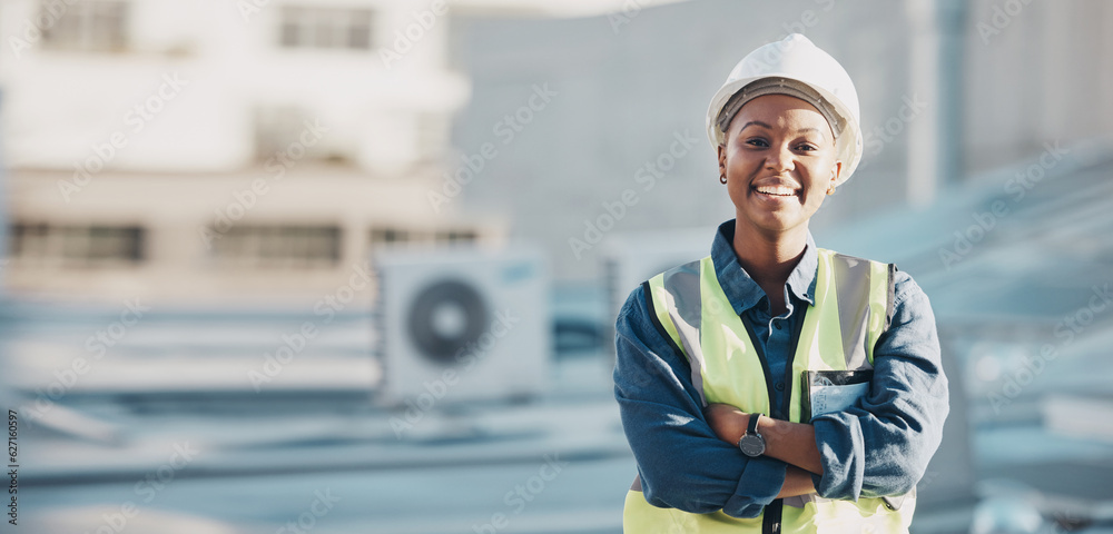 Woman, construction worker and portrait with a smile for engineering and building renovation job. Ar