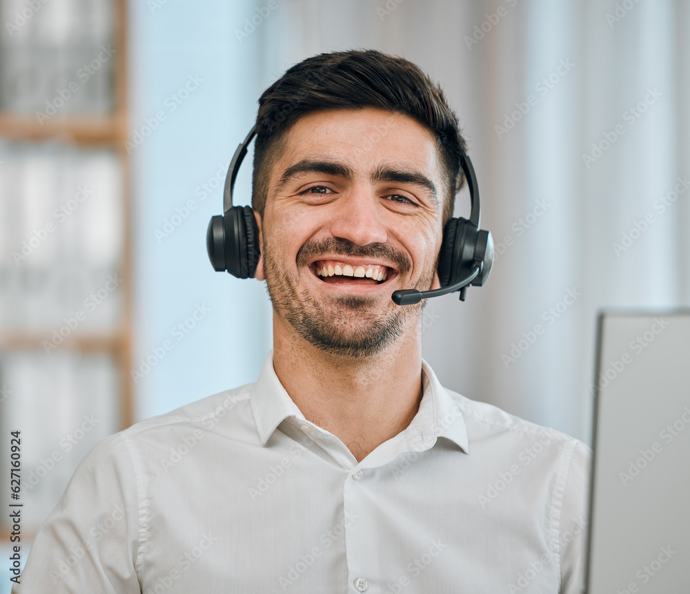 Telemarketing, man and portrait of consultant smile for customer support, contact agent and CRM comm