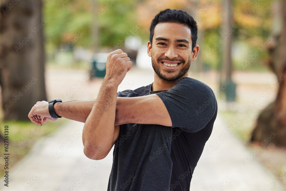 Happy asian man, portrait and stretching arms in fitness getting ready for running, workout or exerc