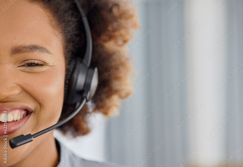 Call center, smile and portrait of woman with mockup in office, sales and telemarketing in headset. 