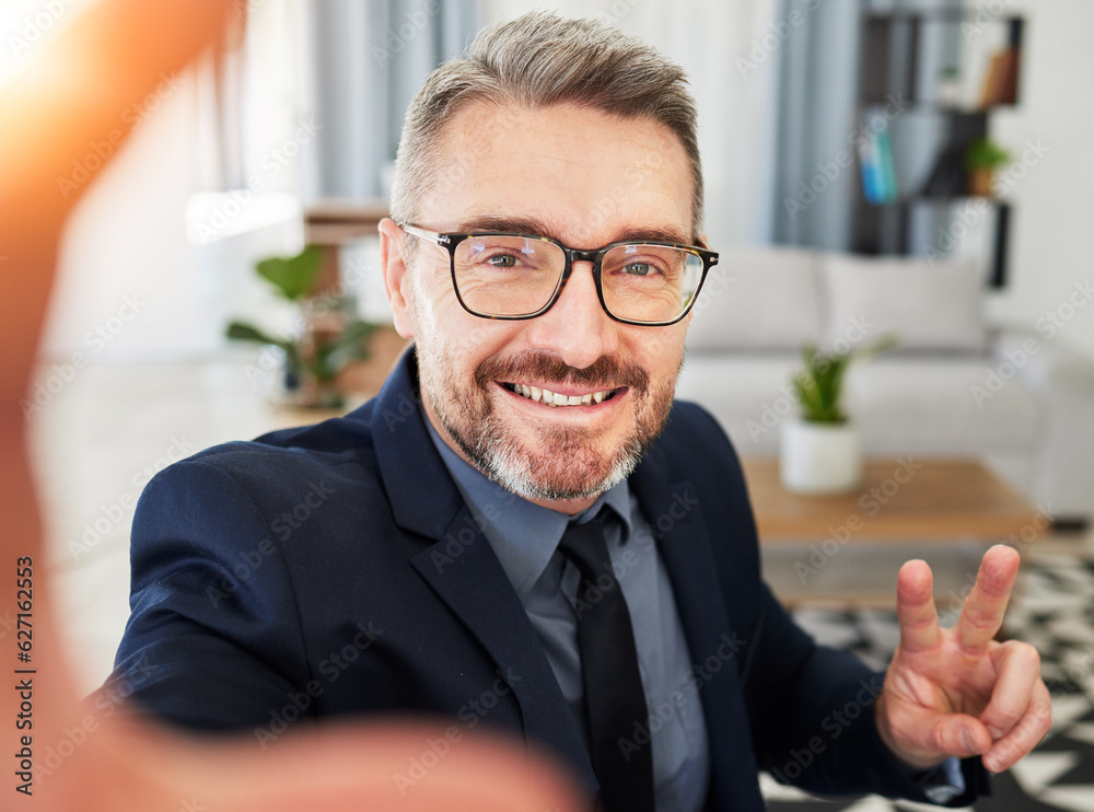 Hands, peace and business man selfie in office for profile picture, photo or break. Portrait, happy 