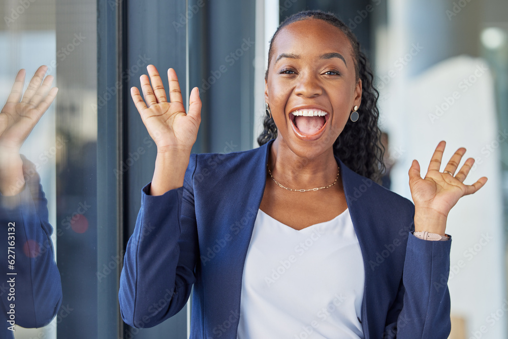 Black woman, excited in portrait and business, confidence and happy with lawyer and career success a