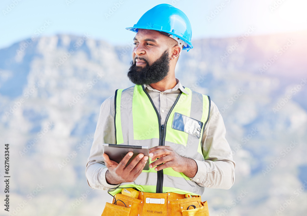 Black man, architect and thinking with tablet in city for construction planning, vision or rooftop i