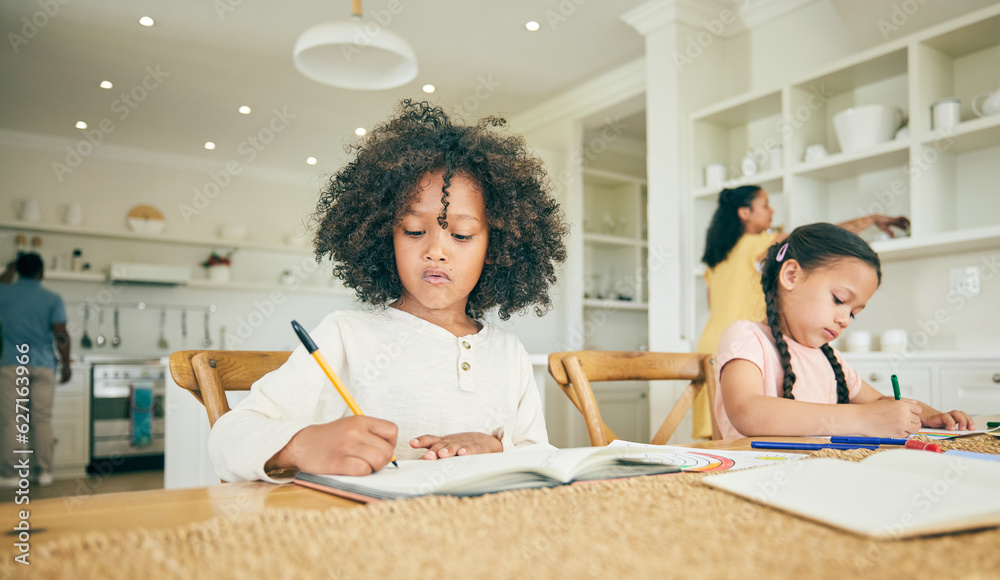 Children, writing and learning with homework in family home with book, pen or focus for development 