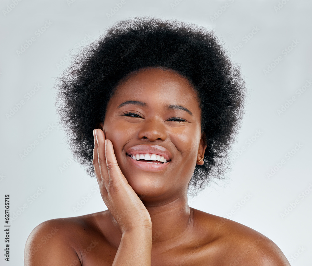 Happy black woman, portrait and afro in skincare, natural beauty or cosmetics against a white studio