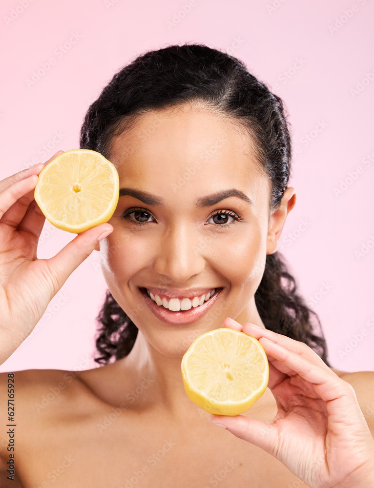 Woman, skincare and lemon in studio portrait for smile, happiness or natural skin glow by pink backg