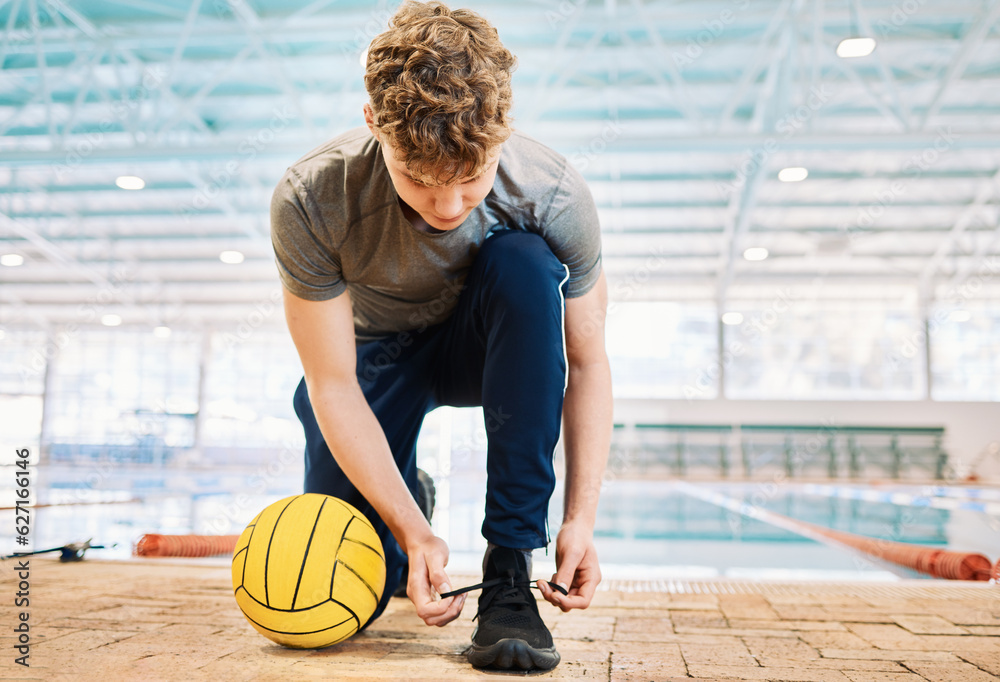 Shoes, tie and a man water polo coach by a swimming pool in preparation of water sports training in 