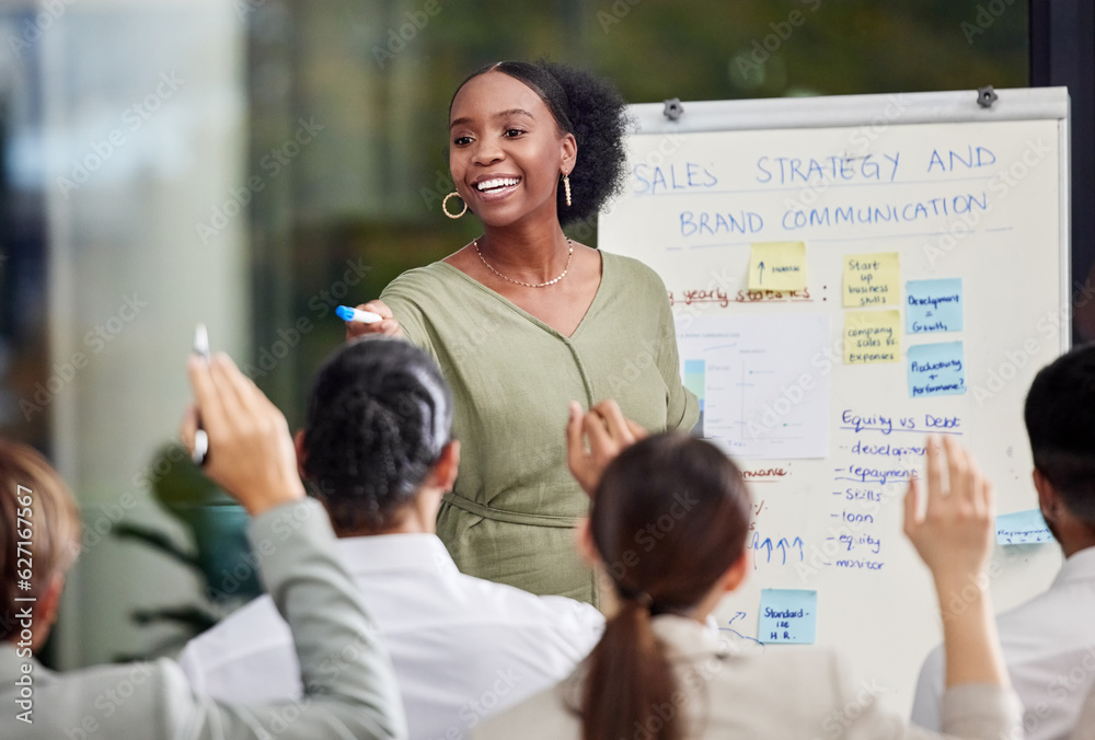 Hands, questions and black woman with presentation in business meeting for sale, strategy or idea. T