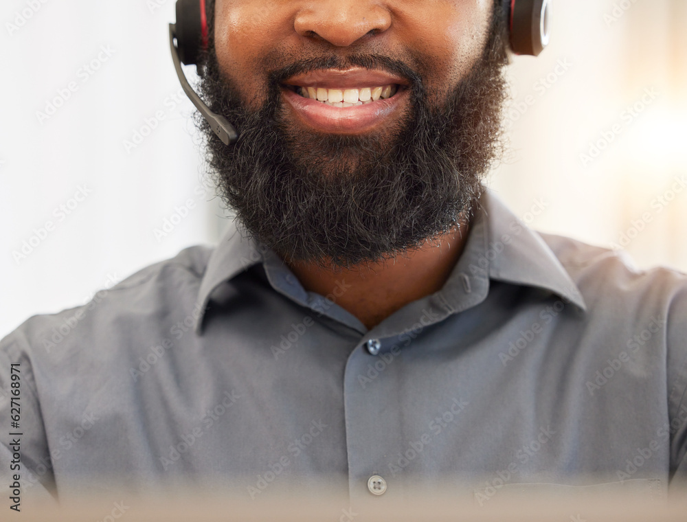 Face, mouth of black man and call center, headset with mic and customer service employee, CRM and sm