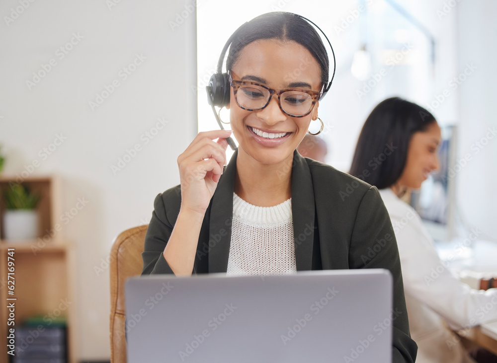 Woman, microphone and laptop in call center for customer service, support and telemarketing. Face of