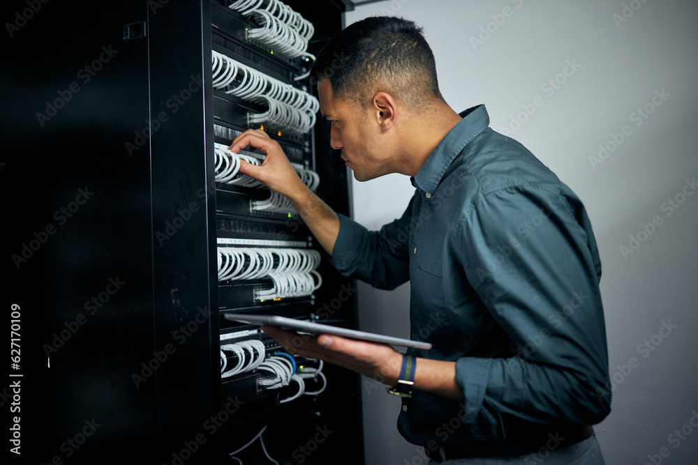 Engineer man, tablet and cables in server room inspection, thinking or check for analysis, night and