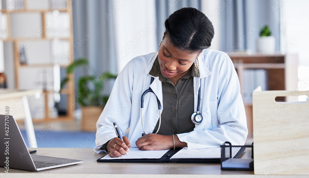 Black woman, doctor and writing on clipboard in clinic, planning documents and schedule in medical o